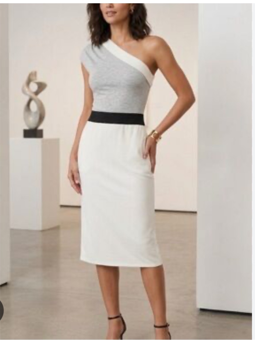 Black Halo One Shoulder Sheath Dress Silk Stretch Office Coquette Feminine